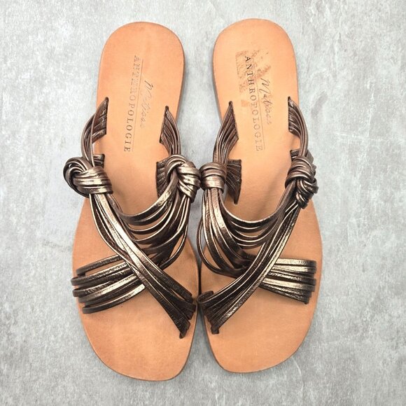 Anthropologie Matisse Slides Metallic Bronze Strappy Boho Chic Flat Greek Sandal - Picture 1 of 10